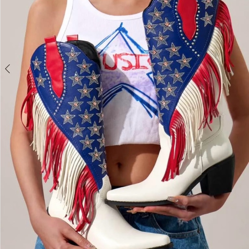 Red and Blue Heeled Boots for a Bold Statement